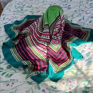 Vibrant Geometric Silk Scarf in Teal, Pink, Green